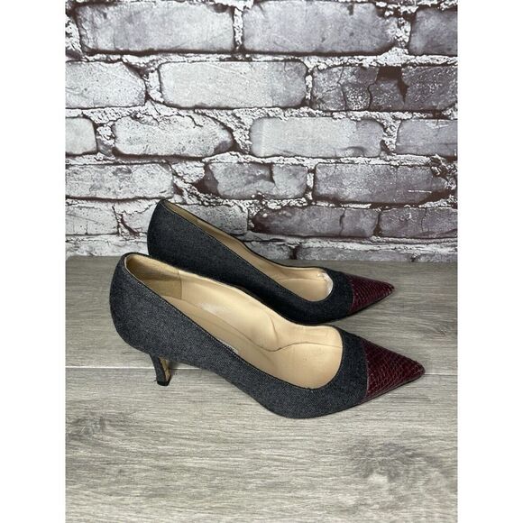 Manolo Blahnik Grey Wool Fabric Burgundy Pointed Toe Heels Women Sz 39.5EU/9M US - Picture 5 of 16